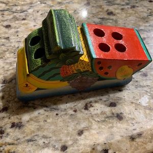 Vintage hand painted wooden pencil holder fruit design numbered